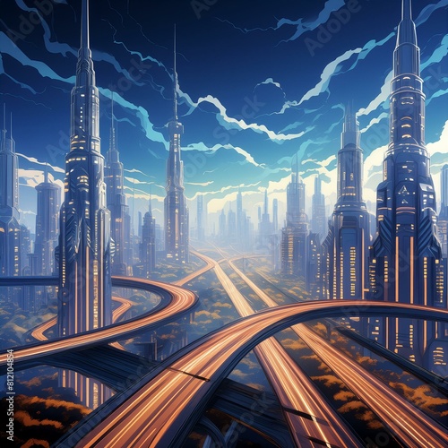 Para un fondo de pantalla de una ciudad futurista, imagina un horizonte urbano dominado por imponentes rascacielos y luces brillantes que parpadean en la oscuridad. Los edificios de diseño vanguardist