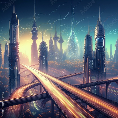 Para un fondo de pantalla de una ciudad futurista, imagina un horizonte urbano dominado por imponentes rascacielos y luces brillantes que parpadean en la oscuridad. Los edificios de diseño vanguardist photo