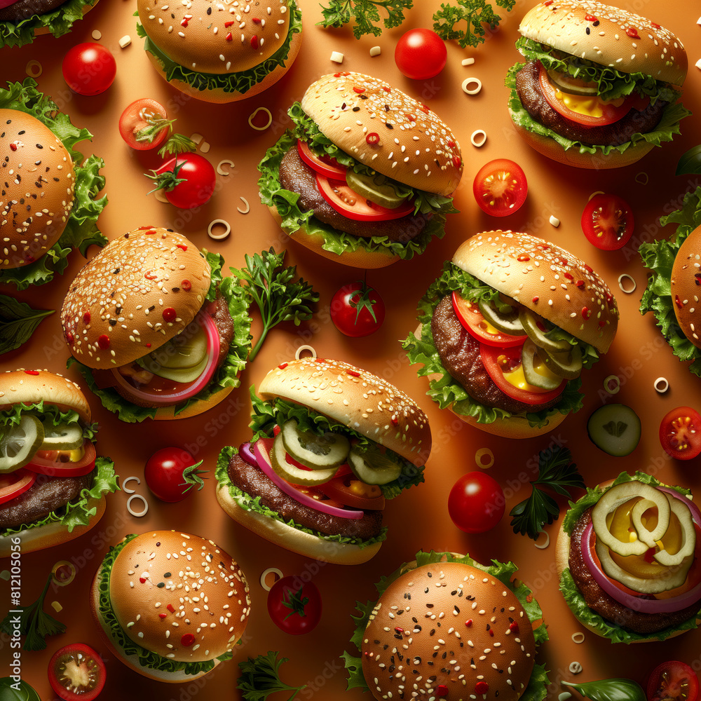 A digital collage of various floating hamburgers arranged in a visually striking pattern