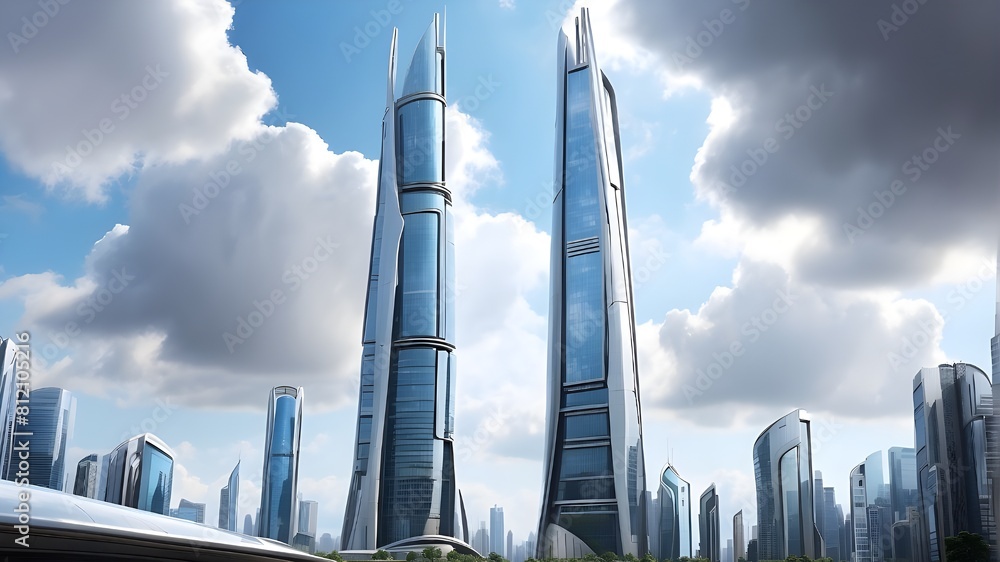 A futuristic skyscraper reaching towards the clouds, with sleek lines ...
