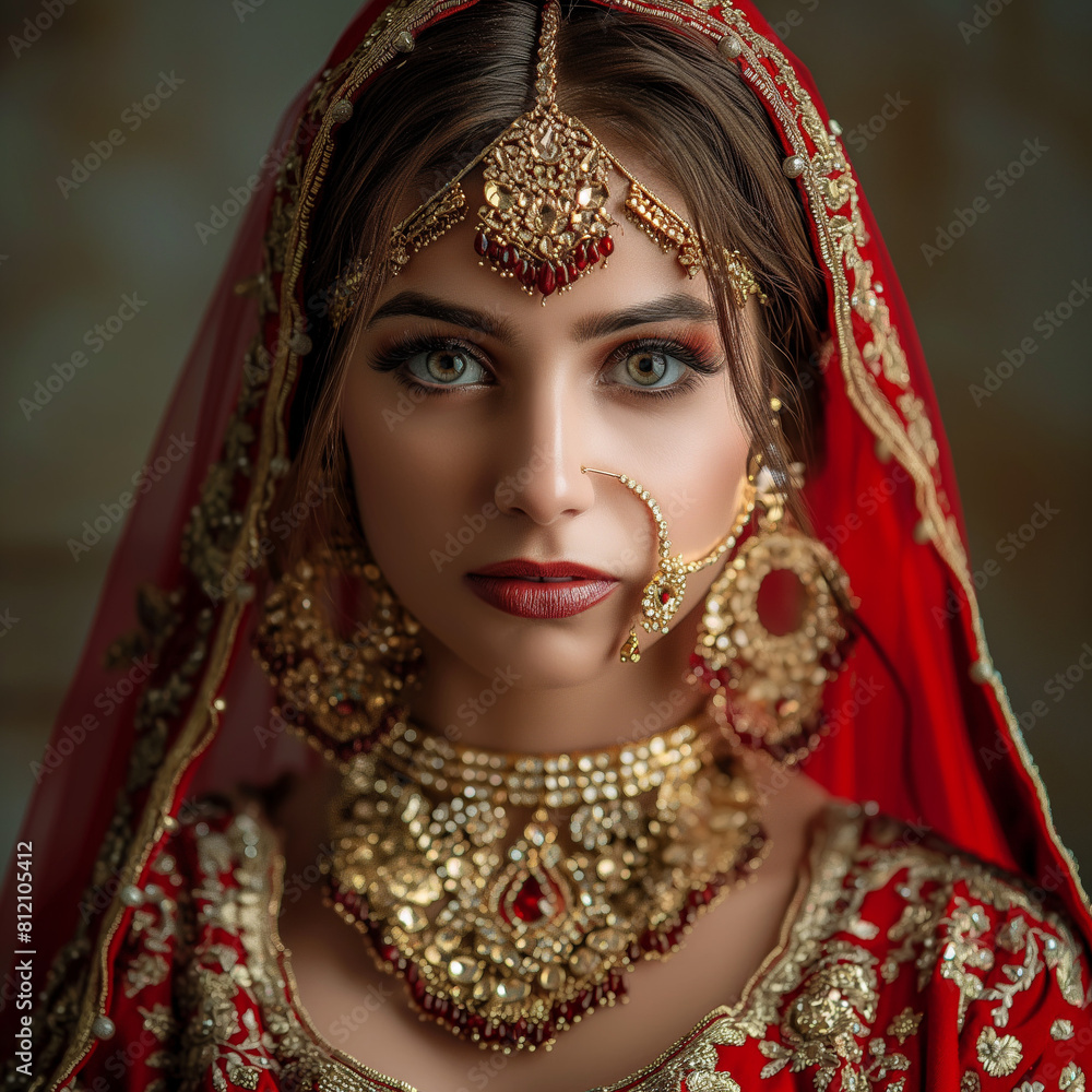 Create an image of an Indian bride on her wedding day, adorned in traditional attire. She is wearing a rich red lehenga with intricate gold embroidery. Her jewelry includes a gold nose ring, a maang t