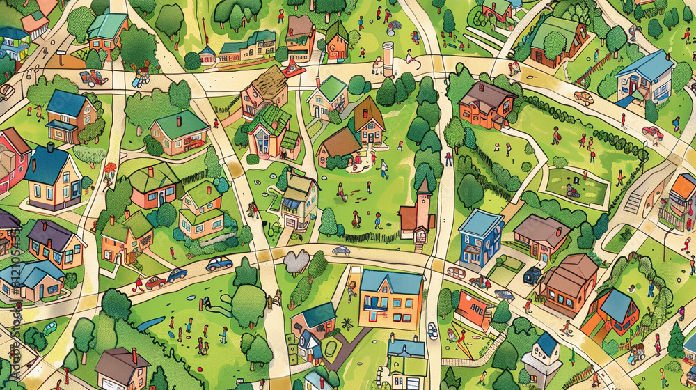 Obraz premium Hand-Drawn Neighborhood Map: Embracing Community Togetherness