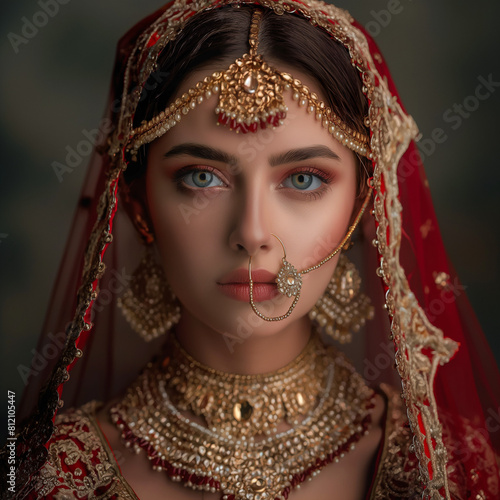 Create an image of an Indian bride on her wedding day  adorned in traditional attire. She is wearing a rich red lehenga with intricate gold embroidery. Her jewelry includes a gold nose ring  a maang t