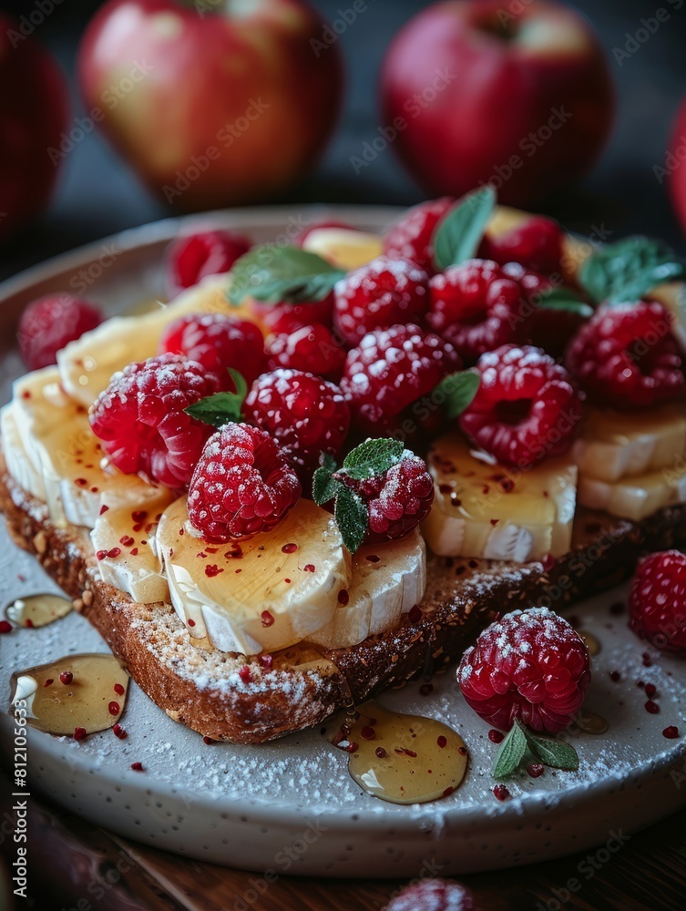 Toast topped with bananas raspberries and powdered sugar. Toast topped with bananas raspberries and powdered sugar.