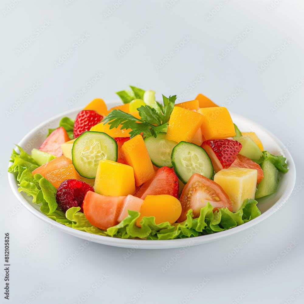 fresh and healthy fruit salad in white plate with white background. fresh and healthy fruit salad in white plate with white background.