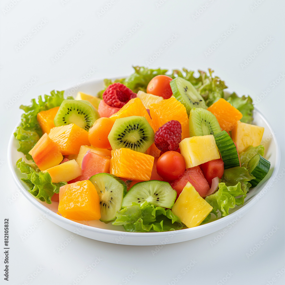 fresh and healthy fruit salad in white plate with white background. fresh and healthy fruit salad in white plate with white background.