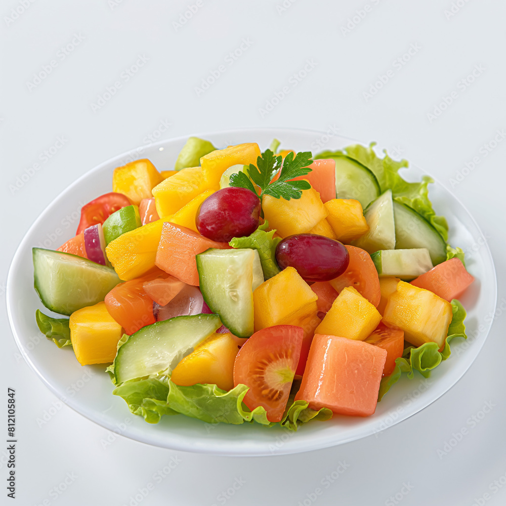 fresh and healthy fruit salad in white plate with white background. fresh and healthy fruit salad in white plate with white background.