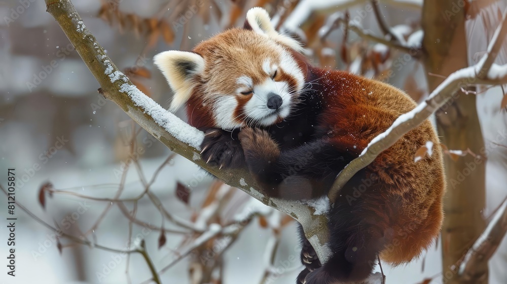 Obraz premium adorable and playful red pandas cuddling and climbing on tree branches in their natural habitat