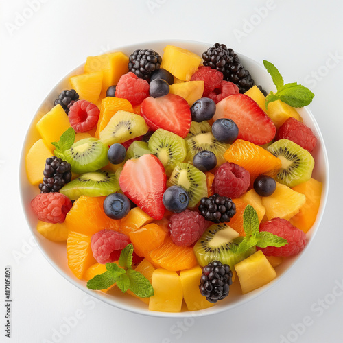 fresh and healthy fruit salad in white plate with white background.