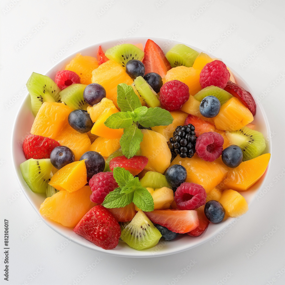 fresh and healthy fruit salad in white plate with white background. fresh and healthy fruit salad in white plate with white background.