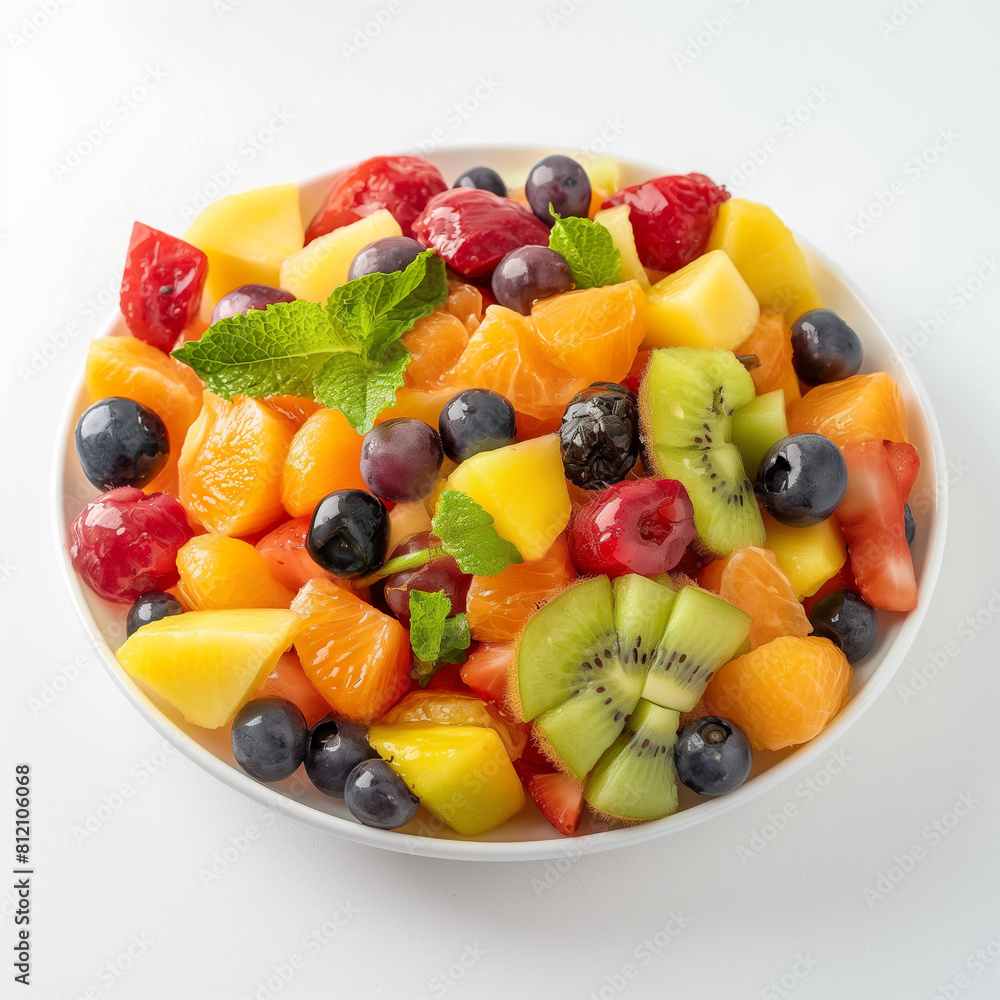 fresh and healthy fruit salad in white plate with white background.