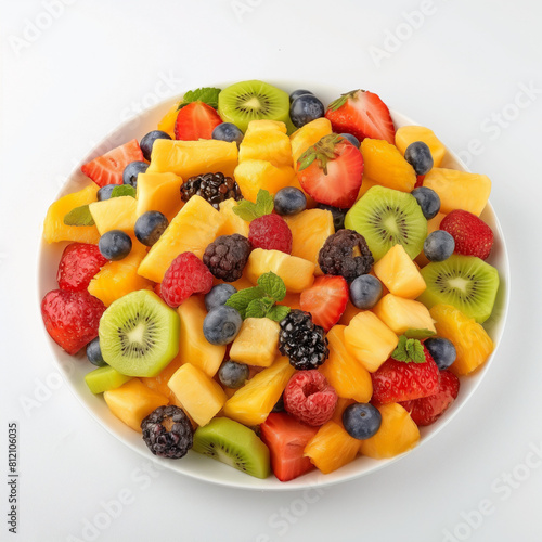 fresh and healthy fruit salad in white plate with white background.