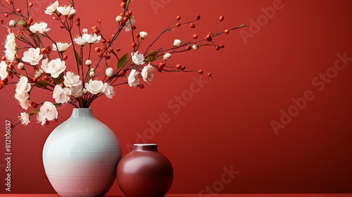 Vase and flower arrangement against red wall.