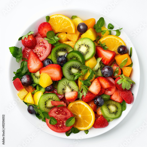 fresh and healthy fruit salad in white plate with white background.