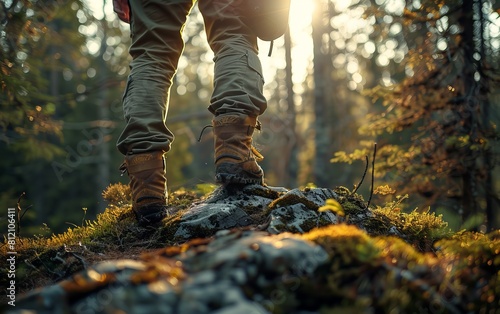 A man is standing on a rock in the woods. He is wearing brown pants and a brown jacket