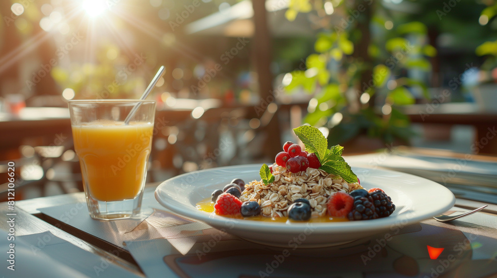 breakfast with oatmeal porridge with orange juice and berries in an outdoor cafe breakfast with oatmeal porridge with orange juice and berries in an outdoor cafe