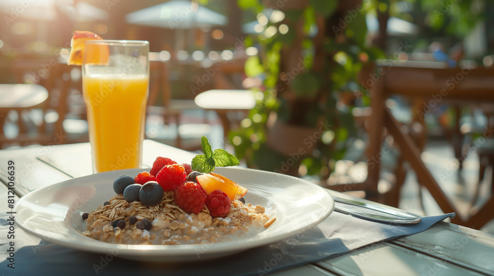 breakfast with oatmeal porridge with orange juice and berries in an outdoor cafe breakfast with oatmeal porridge with orange juice and berries in an outdoor cafe