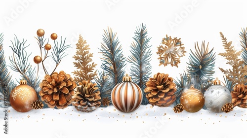 An elegant montage of gold and white snowflakes  snow  bauble balls  and winter leaf branches. Suitable for covers  banners  cards  and posters.