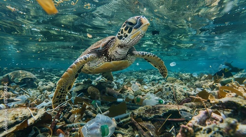 Entangled in Plastic: Sea Turtle Struggles Amidst Ocean Debris (Marine Pollution Threat) © 海翰 章
