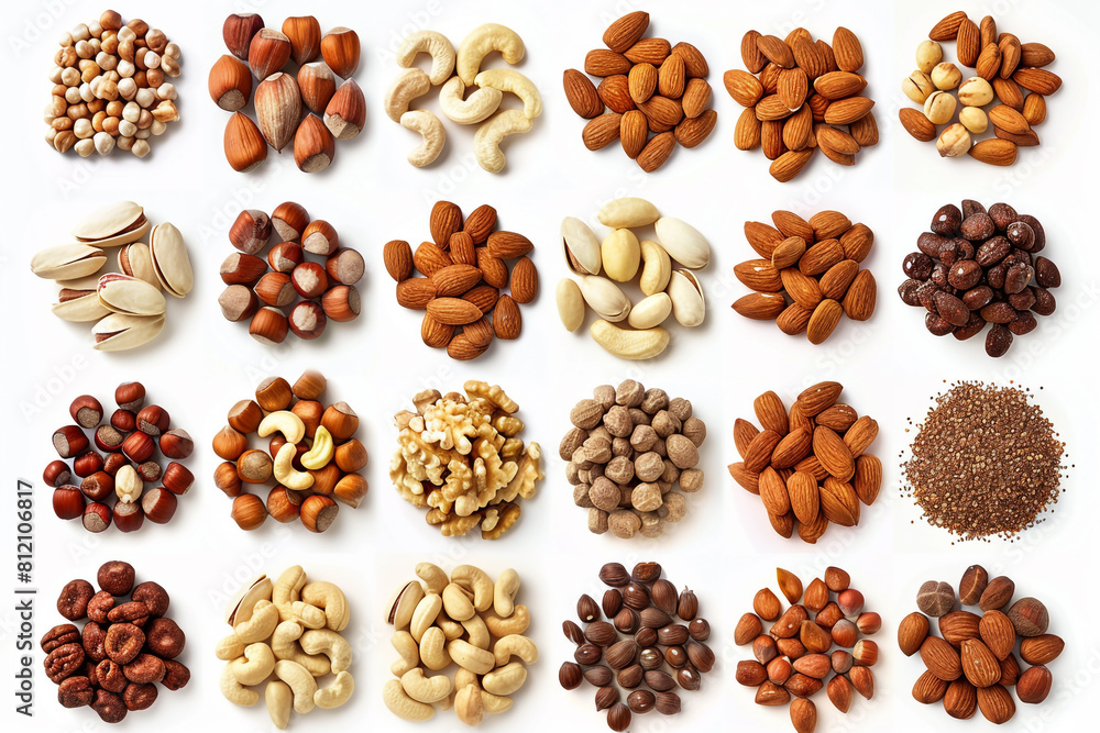 Assorted Nuts Collection on White Background Assorted Nuts Collection on White Background