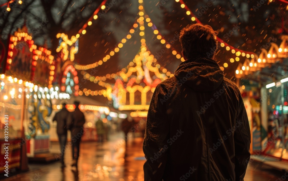 A man stands in the rain in front of a carnival. The carnival is lit up with lights and the man is wearing a black jacket A man stands in the rain in front of a carnival. The carnival is lit up with lights and the man is wearing a black jacket
