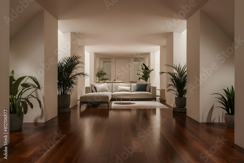 modern living room, Modern Scandinavian home interior design characterized by an elegant living room featuring a comfortable sofa, wooden floor, white walls and home plants...