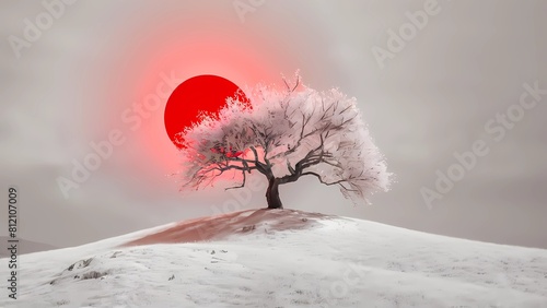 En una colina blanca, un árbol solitario con ramas delicadas y flores de cerezo se destaca contra el cielo monocromático, creando un contraste etéreo y cautivador bajo la luz cálida del sol rojo. photo