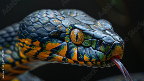 Close-up of a colorful snake's head