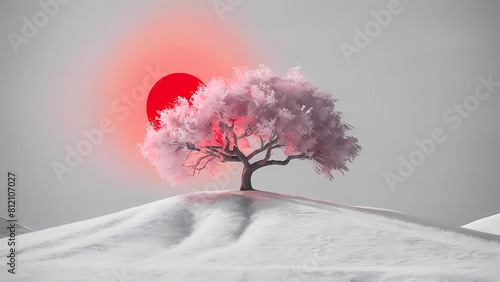 La belleza etérea del árbol solitario en una colina nevada, con sus flores de cerezo y ramas delicadas, se realza por la composición minimalista y el sol brillante que atraviesa las nubes. photo