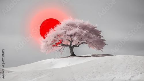 En un paisaje blanco y sereno, un sol rojo ilumina un árbol solitario de flores de cerezo, resaltando el encanto delicado de sus ramas contra el cielo monocromático y la atmósfera de tranquilidad.
