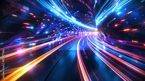 Neon lights streaking through a high speed cyber tunnel