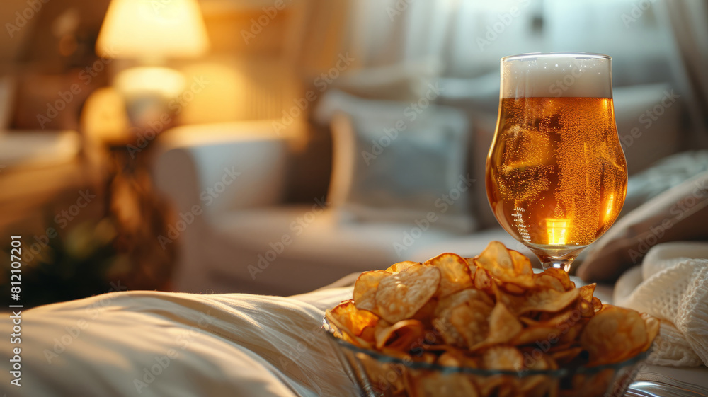 A glass of beer with a bowl of chips. A glass of beer with a bowl of chips.