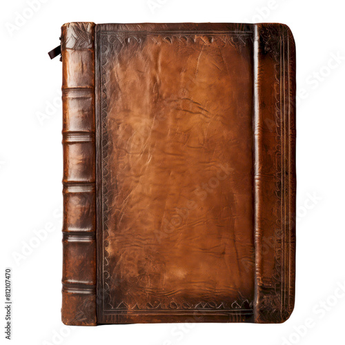 The image shows a thick old book with a brown leather cover. The book is closed and the spine is facing the viewer. The book is isolated on a white background. photo