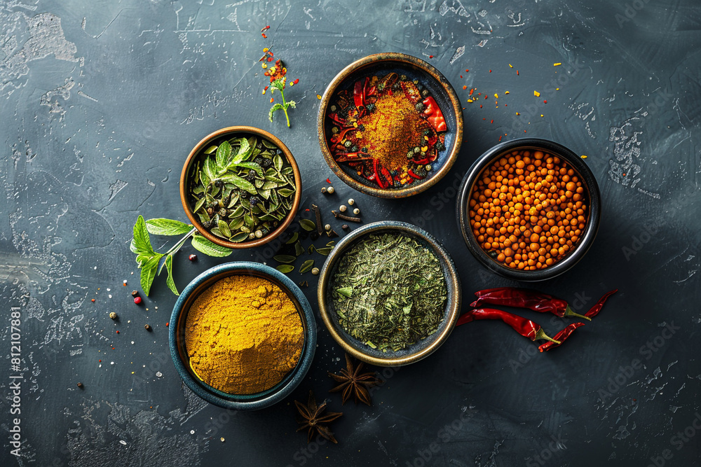 Assorted Spices in Bowls on Dark Textured Background Assorted Spices in Bowls on Dark Textured Background