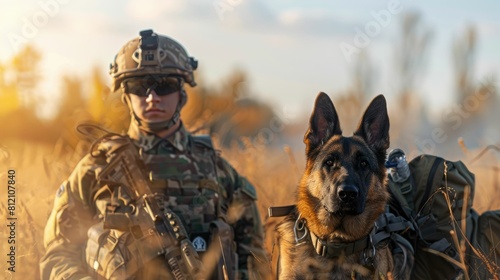The picture of the military officer is working with trained german shepherd dog at the training field, the dog trainer require skill such as patience, compassion and understanding dog behavior. AIG43. photo