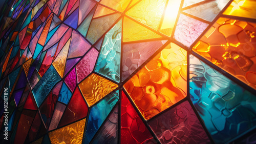 Stained glass window with sunlight shining through