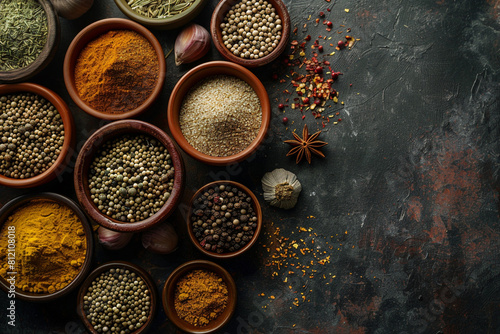 Assorted Spices in Bowls on Dark Textured Background 