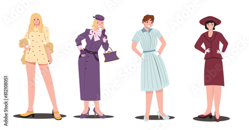 Group of retro women wearing vintage clothes.