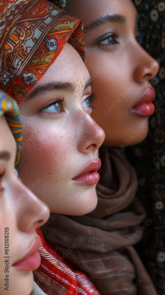 Three women wearing scarves and makeup stand side by side. The women are of different ethnicities and are wearing different colored scarves. Scene is one of unity and diversity Three women wearing scarves and makeup stand side by side. The women are of different ethnicities and are wearing different colored scarves. Scene is one of unity and diversity