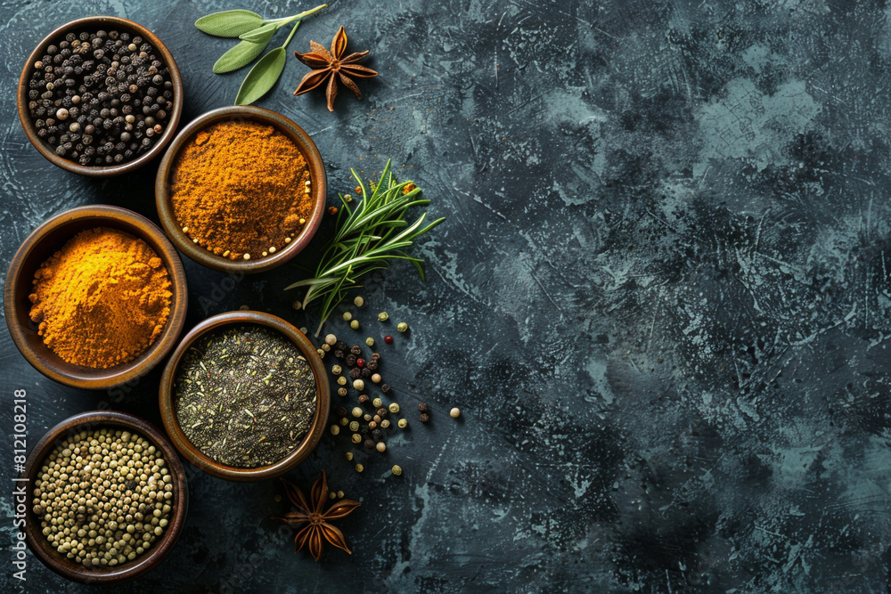 Assorted Spices in Bowls on Dark Textured Background Assorted Spices in Bowls on Dark Textured Background