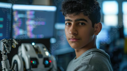 The picture of the middle eastern male teenager studying and learning about the technology in the room, learning related to technology require skills like the logical reason and computer skill. AIG43.