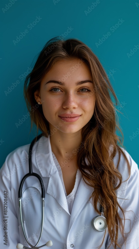 A woman in a white lab coat is smiling and holding a stethoscope. She is a doctor or a nurse A woman in a white lab coat is smiling and holding a stethoscope. She is a doctor or a nurse