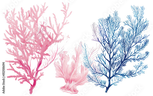 Corals and seaweed Sketch Botanical Illustration on white background,png