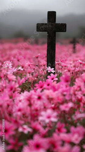 A cross is standing in a field of pink flowers. The cross is surrounded by a large number of pink flowers, creating a serene and peaceful atmosphere. Concept of tranquility and contemplation