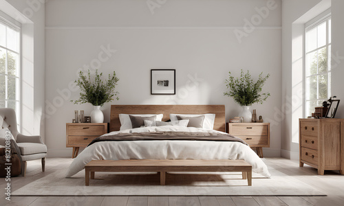 Pearl White Farmhouse King Bedroom: Minimalist Design with Brown Furniture Accents © Rameezkrx