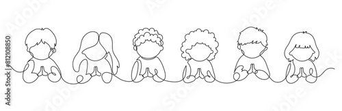 Praying children. Continuous line drawing. Religion education frame border.