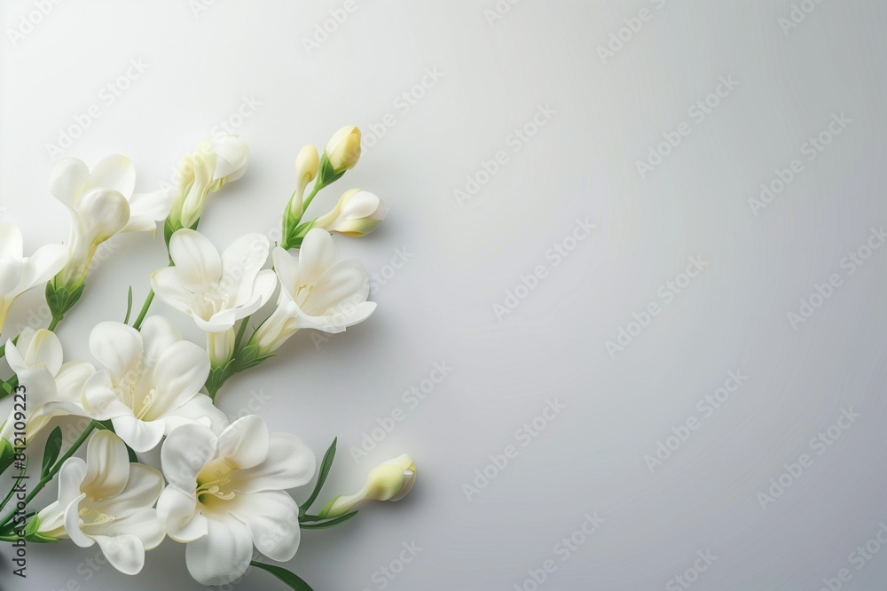 Fototapeta premium Freesia branch on a light background, with free space. Flowers, floral background.