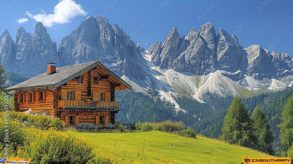 wooden house in a meadow on a mountain with a blue sky