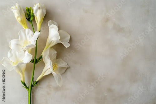 Freesia branch on a light background  with free space.  Flowers  floral background.