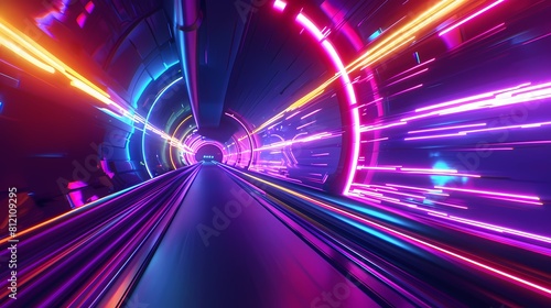 Neon lights warp as we zoom through a futuristic tunnel